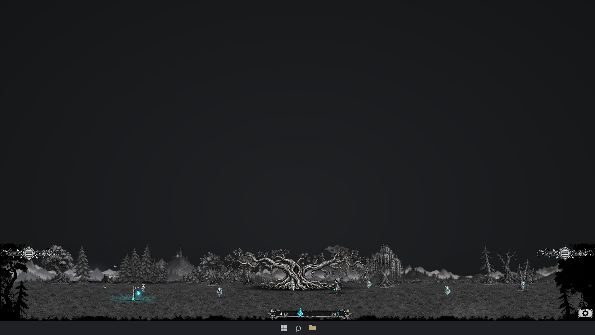 The lantern keeper’s world, with the soul tree, shelters and glowing cyan lanterns