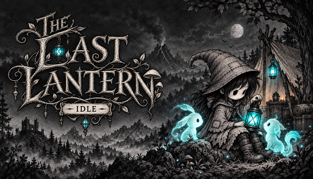 The Last Lantern Idle artwork with a lantern keeper and glowing cyan spirits