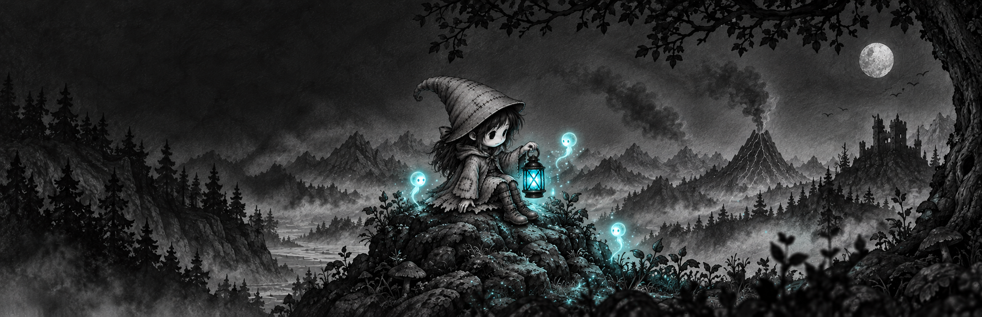 Illustrated lantern keeper surrounded by small cyan spirits in a misty woodland